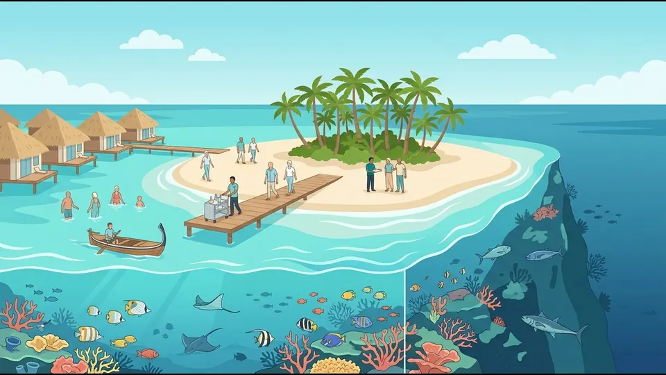 片側に浅いラグーン、反対側に深い外洋が広がる、環礁の島の断面図のイラスト