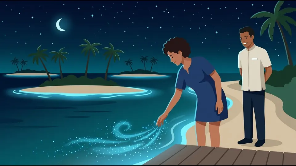 Illustration of a guest swishing a hand through shallow water at night, making blue sparks of glowing plankton