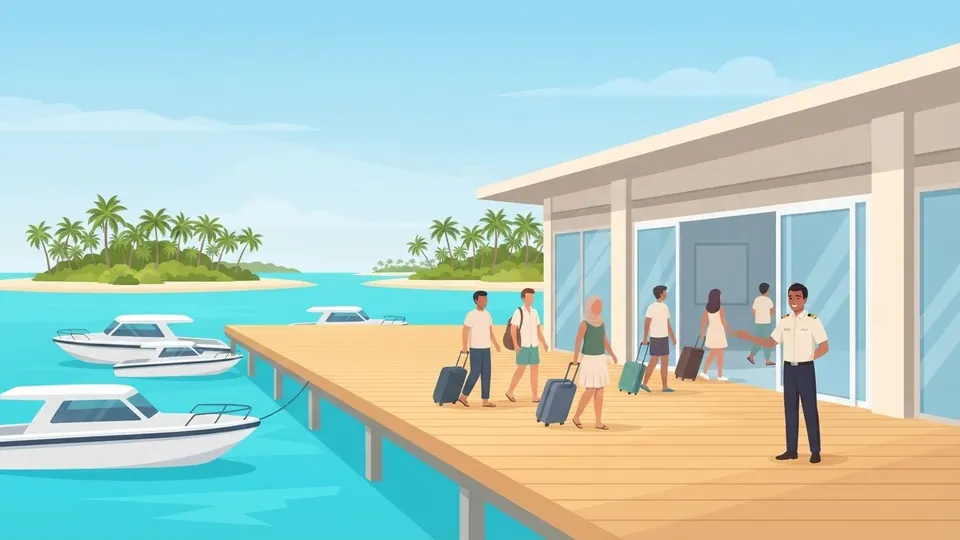 Illustration of travellers walking out of a bright arrivals hall towards a sunny jetty with speedboats