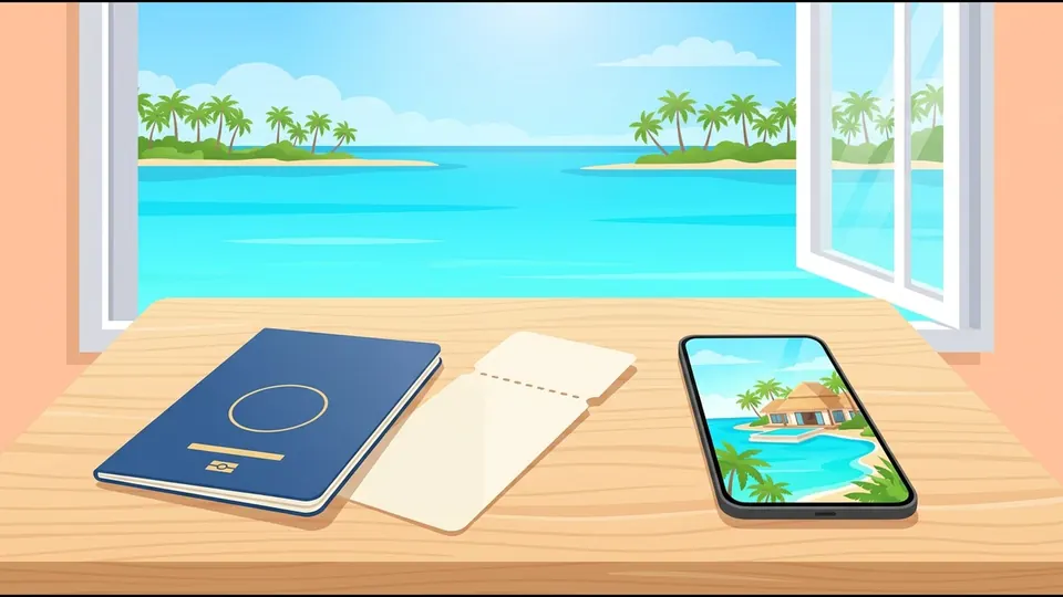 Illustration of a passport, a plane ticket and a phone showing a resort villa laid out on a table