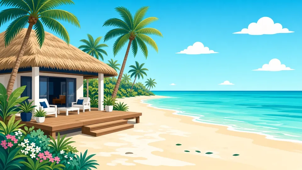 A thatched beach villa among palms and flowers, with a wooden terrace opening onto the sand