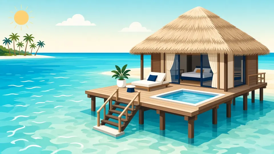 A thatched overwater villa on stilts with a deck, plunge pool and steps into the lagoon