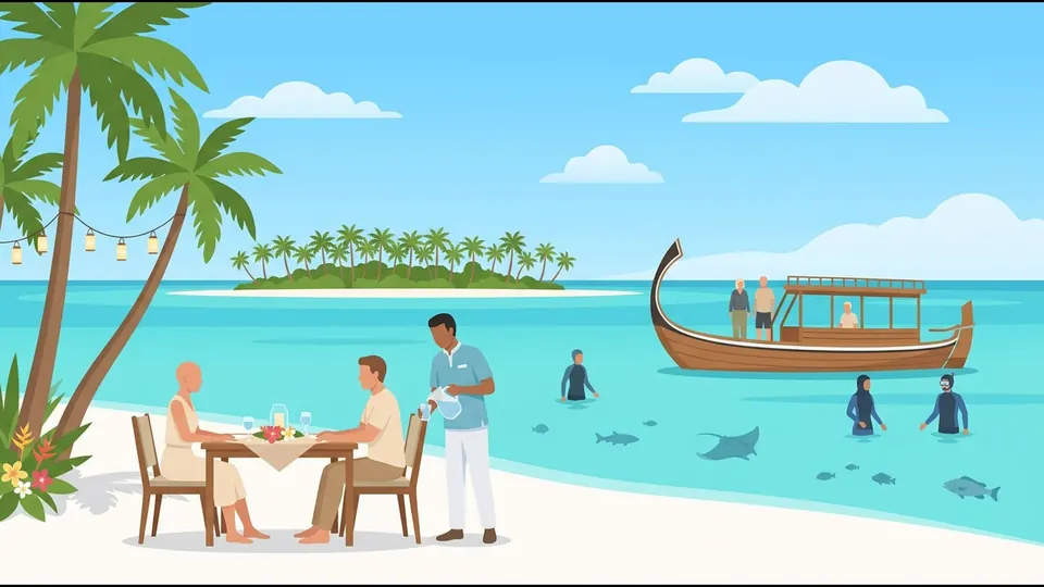 Illustration of a waiter serving a couple at a dinner table on the sand under palm trees