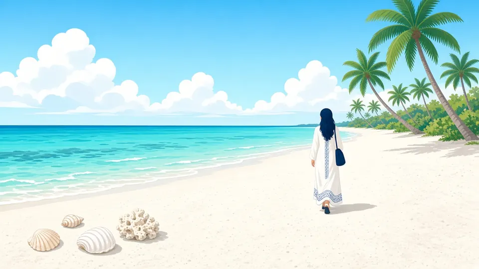 Muscheln und ein Stück Koralle bleiben im Sand liegen, während eine Frau den Strand entlang davongeht