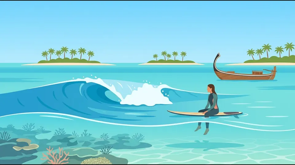 Illustration of a wave breaking over a shallow coral reef while a surfer waits on a board