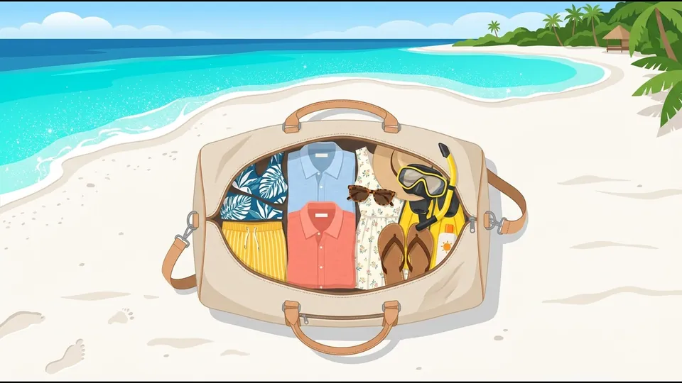 Illustration of an open soft bag on white sand packed with swimwear, linen clothes, sandals and a snorkel mask