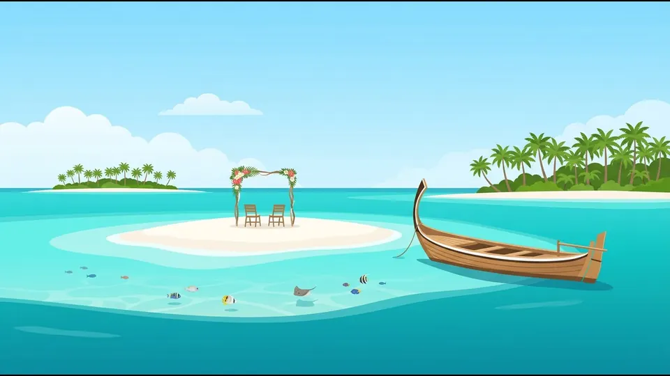 Illustration of a small sandbank with a flower arch and two chairs, a dhoni moored nearby