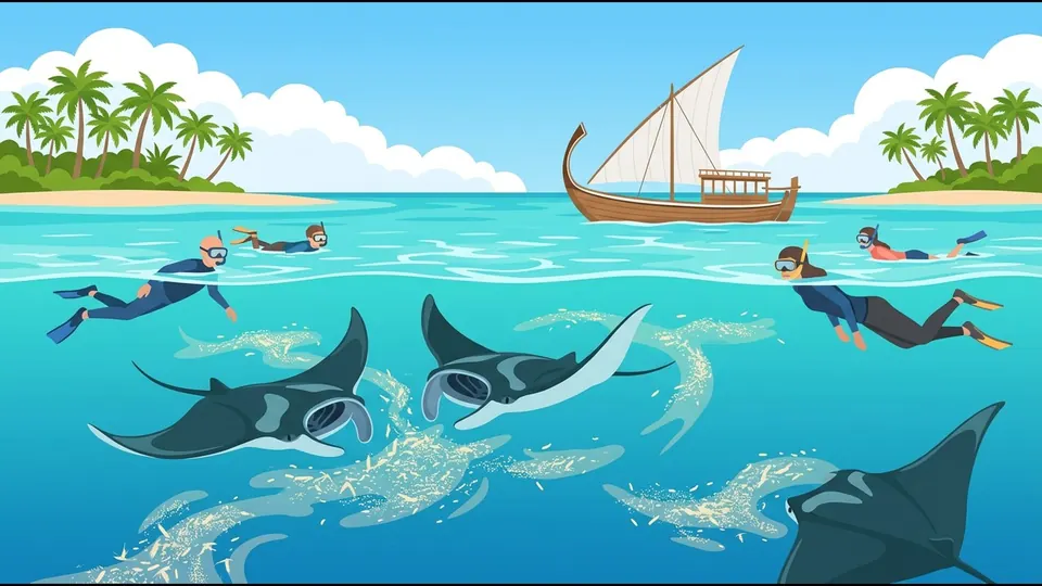 Illustration of manta rays feeding in plankton-rich water while snorkellers watch from the surface