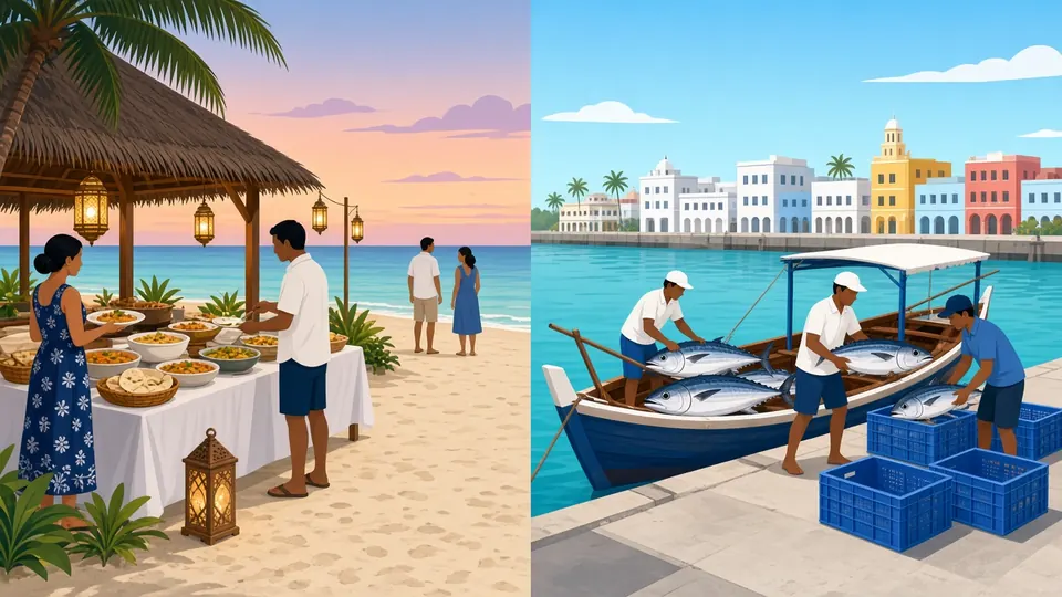 Two scenes side by side: a Maldivian evening buffet on a resort beach under lanterns, and fishermen unloading tuna from a dhoni at a harbour fish market
