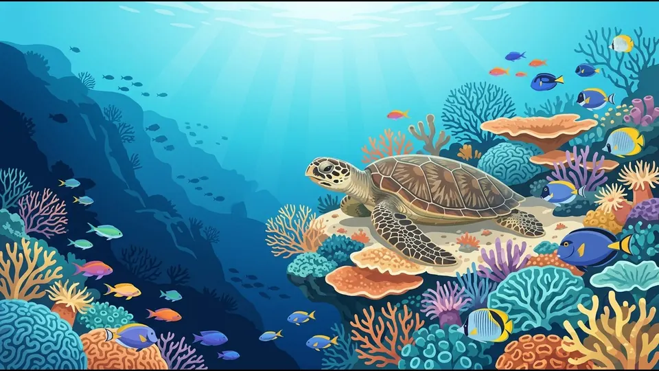 Illustration of a hawksbill turtle resting on a coral ledge at the reef edge