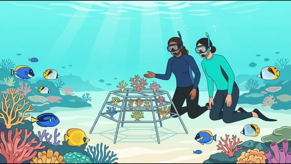 Illustration of a marine biologist and a guest snorkelling beside a coral nursery frame