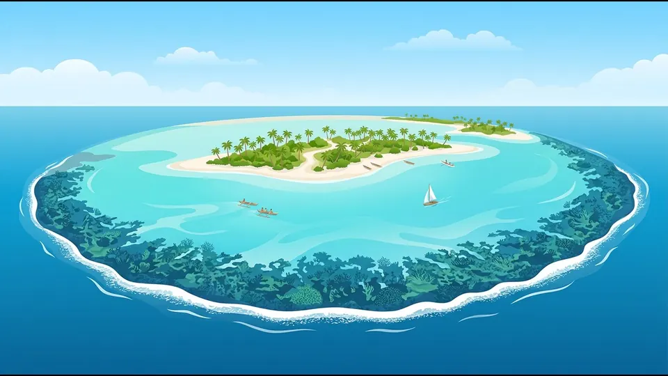 周囲のサンゴ礁に守られた、とても低いヤシの島のイラスト