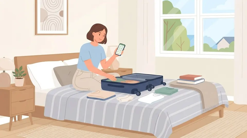 Illustration of a traveller packing a suitcase at home while checking a list on a phone