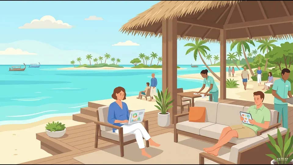 Illustration of guests using a laptop and tablet in an open thatched resort lounge by the lagoon